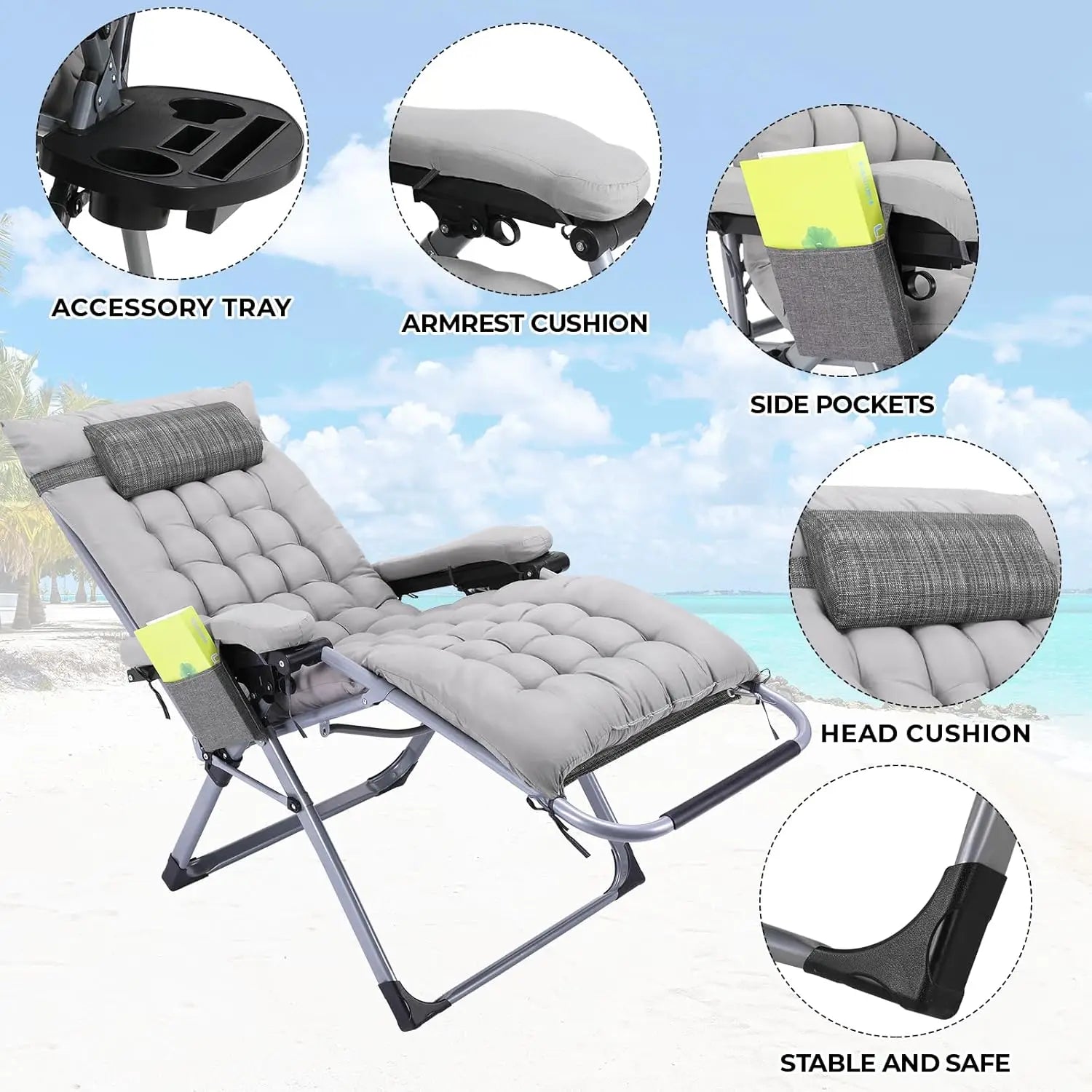Opvouwbare Zero Gravity Lounge Stoel XXL – Verstelbare Tuinligstoel met Kussen en Bekerhouder – Belastbaar tot 160 kg