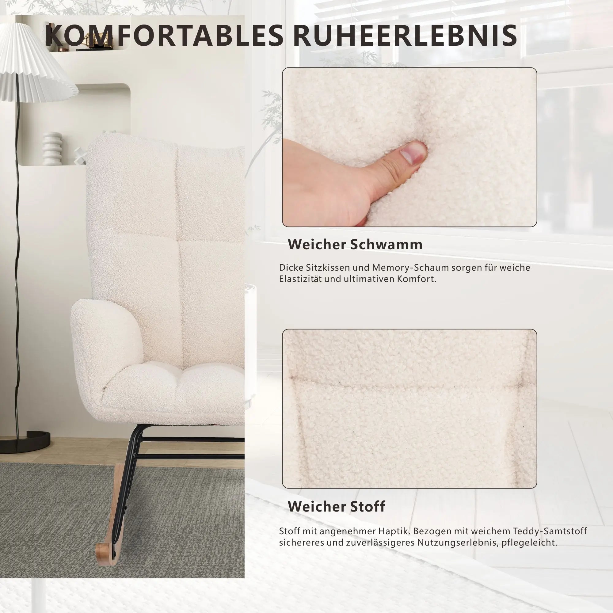 Moderne zachte pluche schommelstoel met armleuningen – comfortabele woonkamer stoel