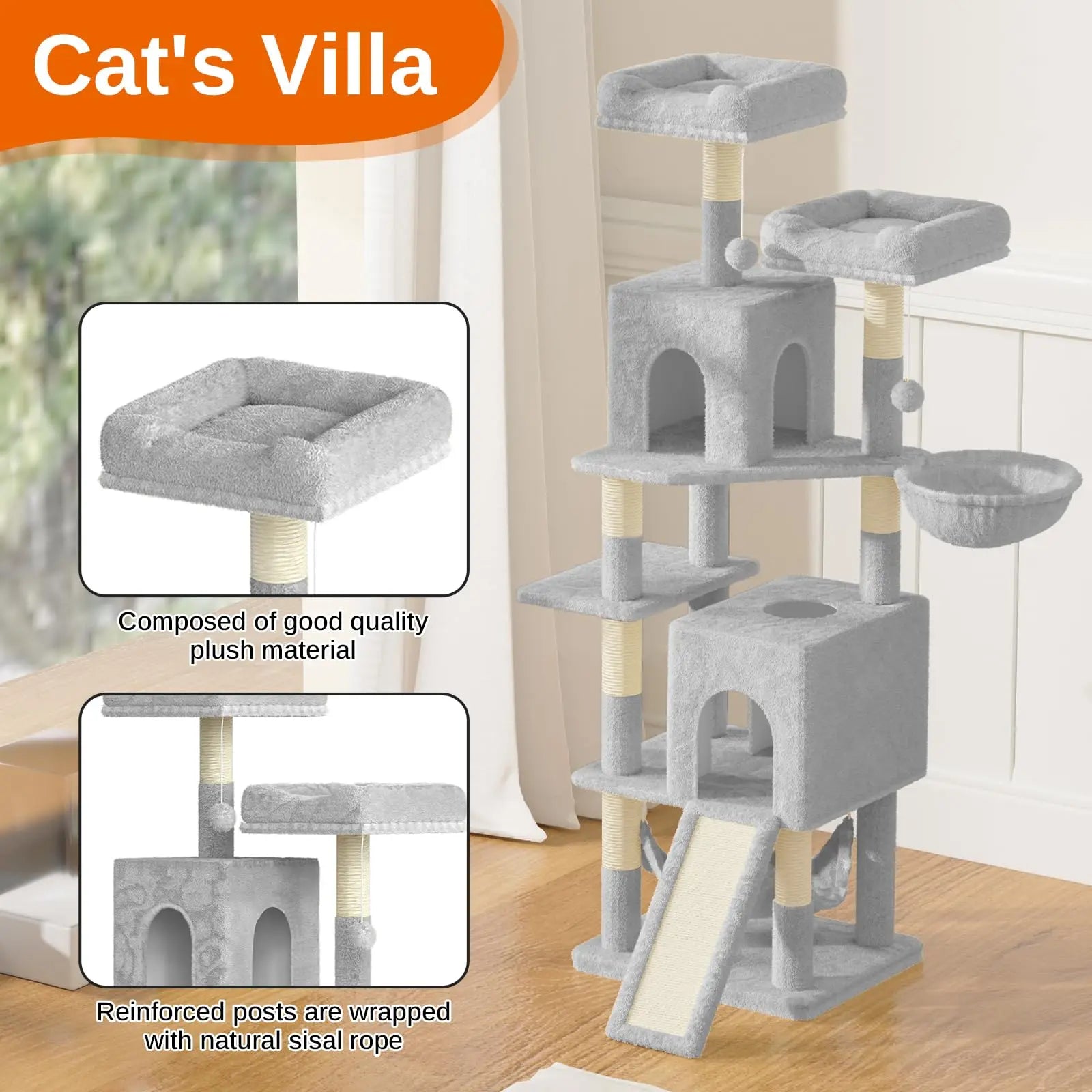 Katten Krabpaal 158 cm – Grote Kattenboom met 2 Huisjes, 2 Hangmatten & 7 Sisal Krabpalen – Luxe Klimtoren voor Binnenkatten