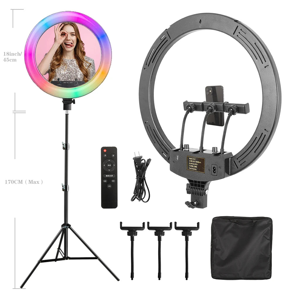 Dimbare 18 Inch RGB Selfie Ringlamp met Tripod en Telefoonhouder – Make-up, YouTube en Fotografie Studio Verlichting