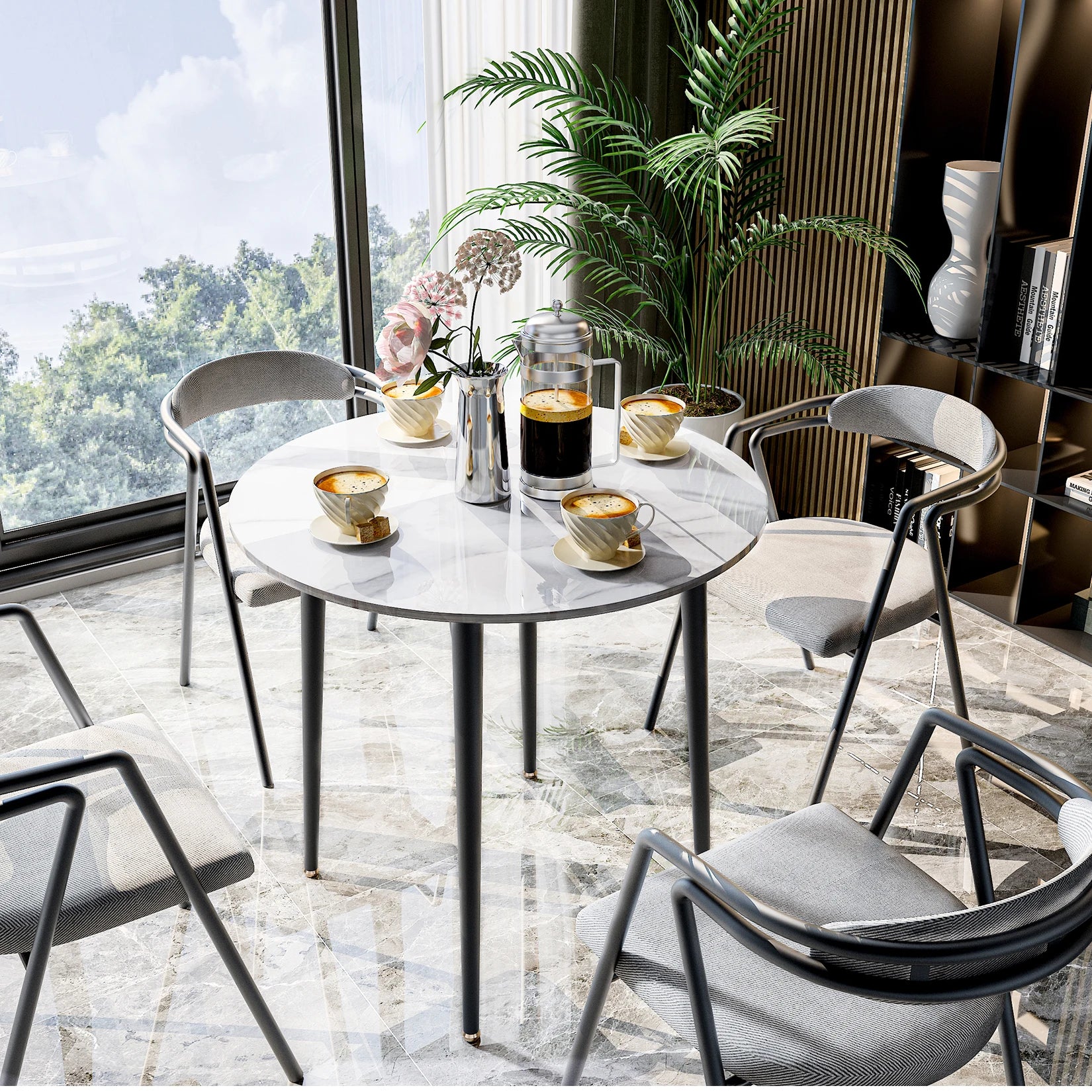 Ronde Eettafel 80 cm Sintersteen – Moderne Marmer Look Tafel met Zwarte Metalen Poten voor 2-4 Personen
