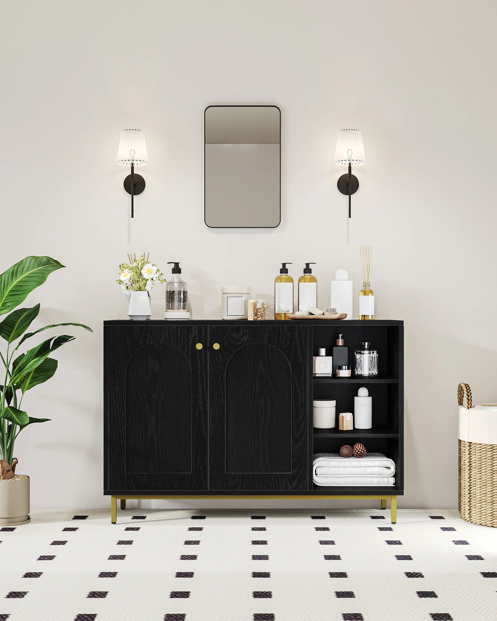 Badkamerkast met Deuren en Open Vakken – Moderne Witte Opbergkast met Verstelbare Plank en Gouden Poten – Multifunctionele Kast voor Badkamer, Woonkamer of Hal