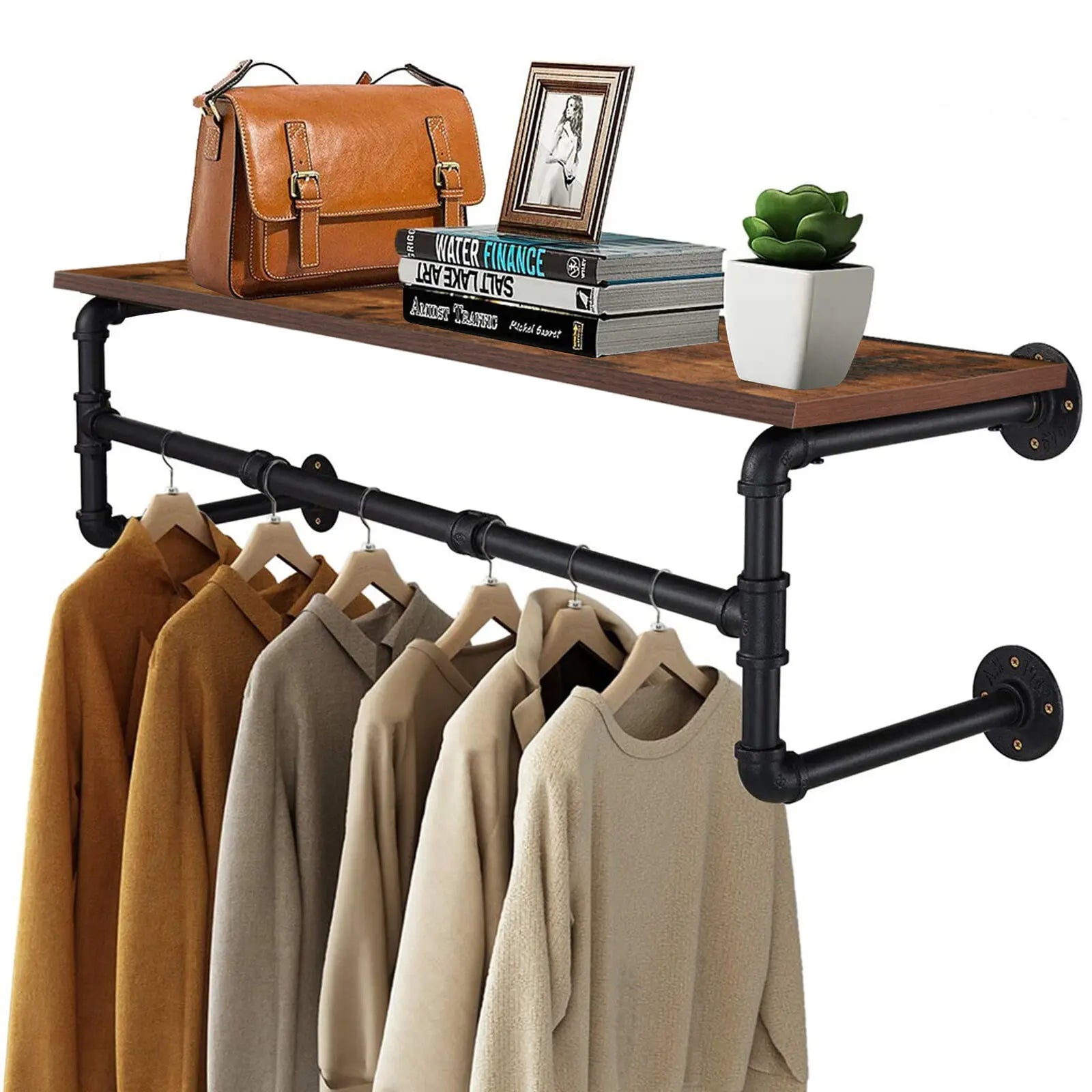 Industrieel Kledingrek Wand met Houten Plank – Metalen Pipe Wandrek met Opbergplank en Haken