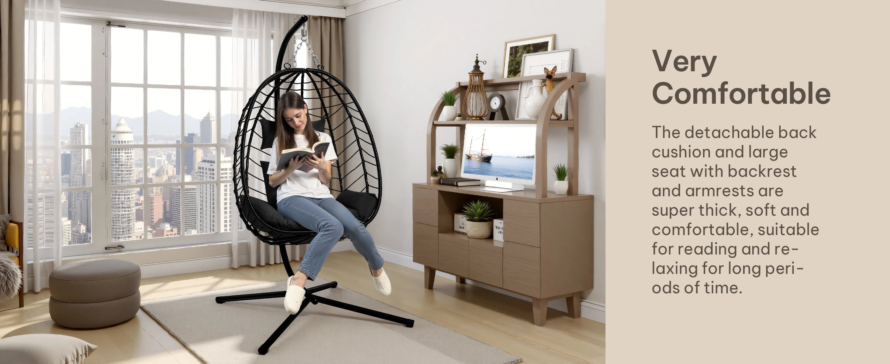 Egg Chair Hangstoel met Standaard – Schommelstoel voor Tuin, Balkon & Woonkamer – Inclusief Kussen en Hoofdsteun – Belastbaar tot 150 kg