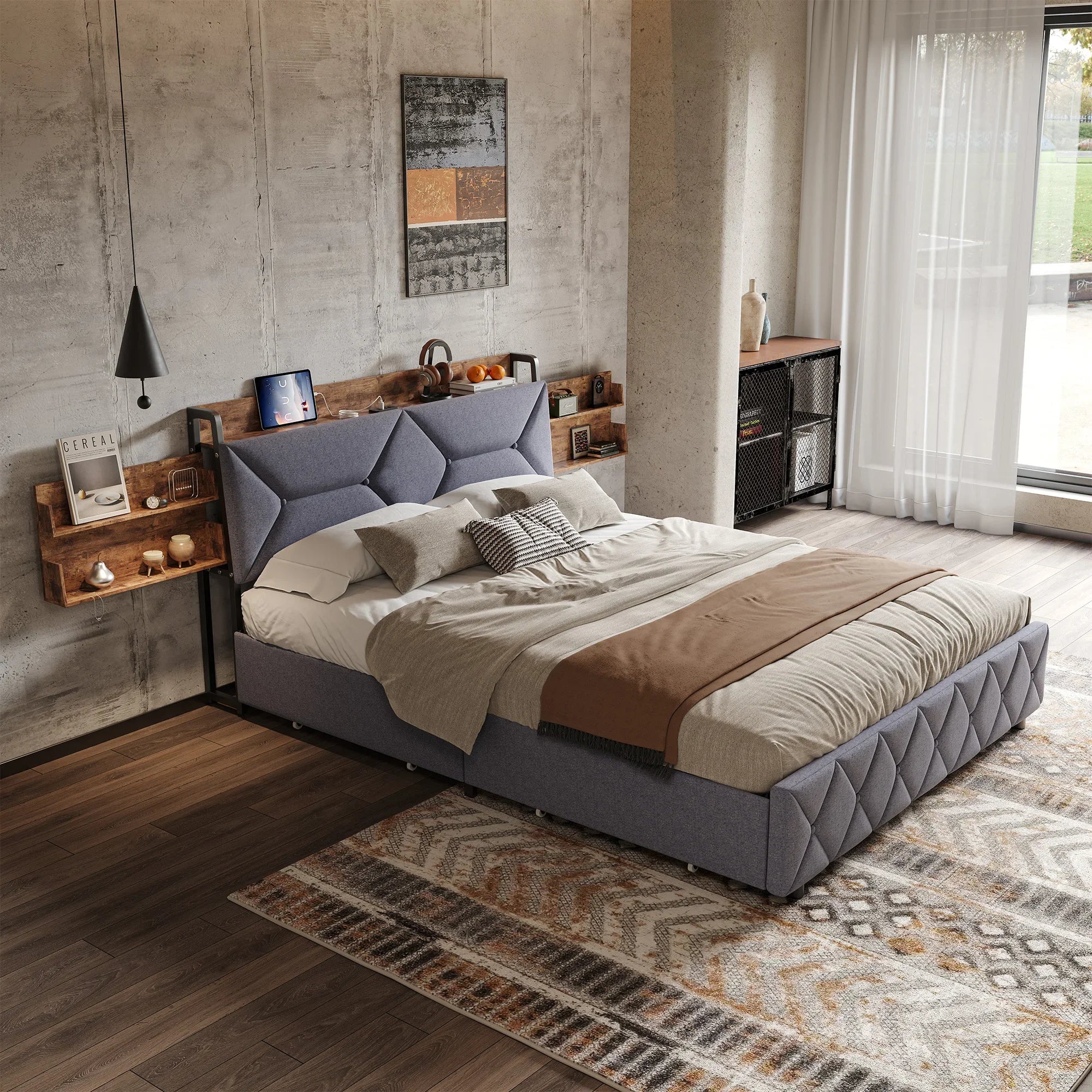 Gestoffeerd tweepersoonsbed met LED‑verlichting, USB‑oplaadfunctie en 4 lades – ideaal voor moderne slaapkamers