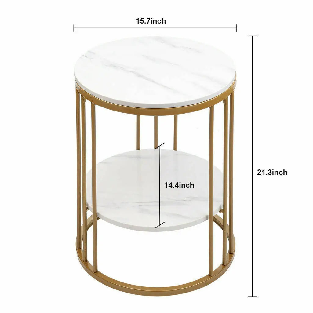 2-Laags Ronde Bijzettafel met Marmerlook – Moderne Salontafel & Nachtkastje met Opbergruimte – Wit Design