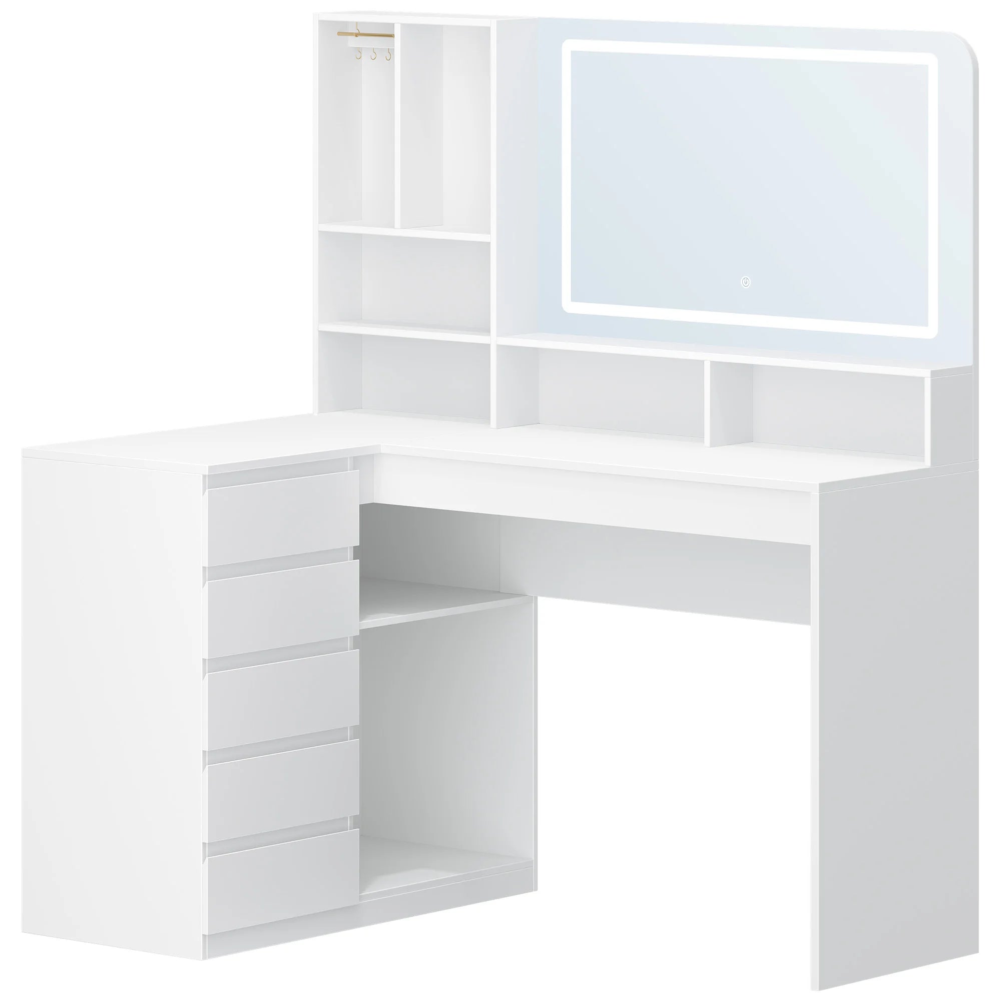 Kaptafel met Spiegel en LED Verlichting – L-Vormige Hoek Make-up Tafel met 5 Laden en Opbergruimte – Moderne Witte Dressing Table