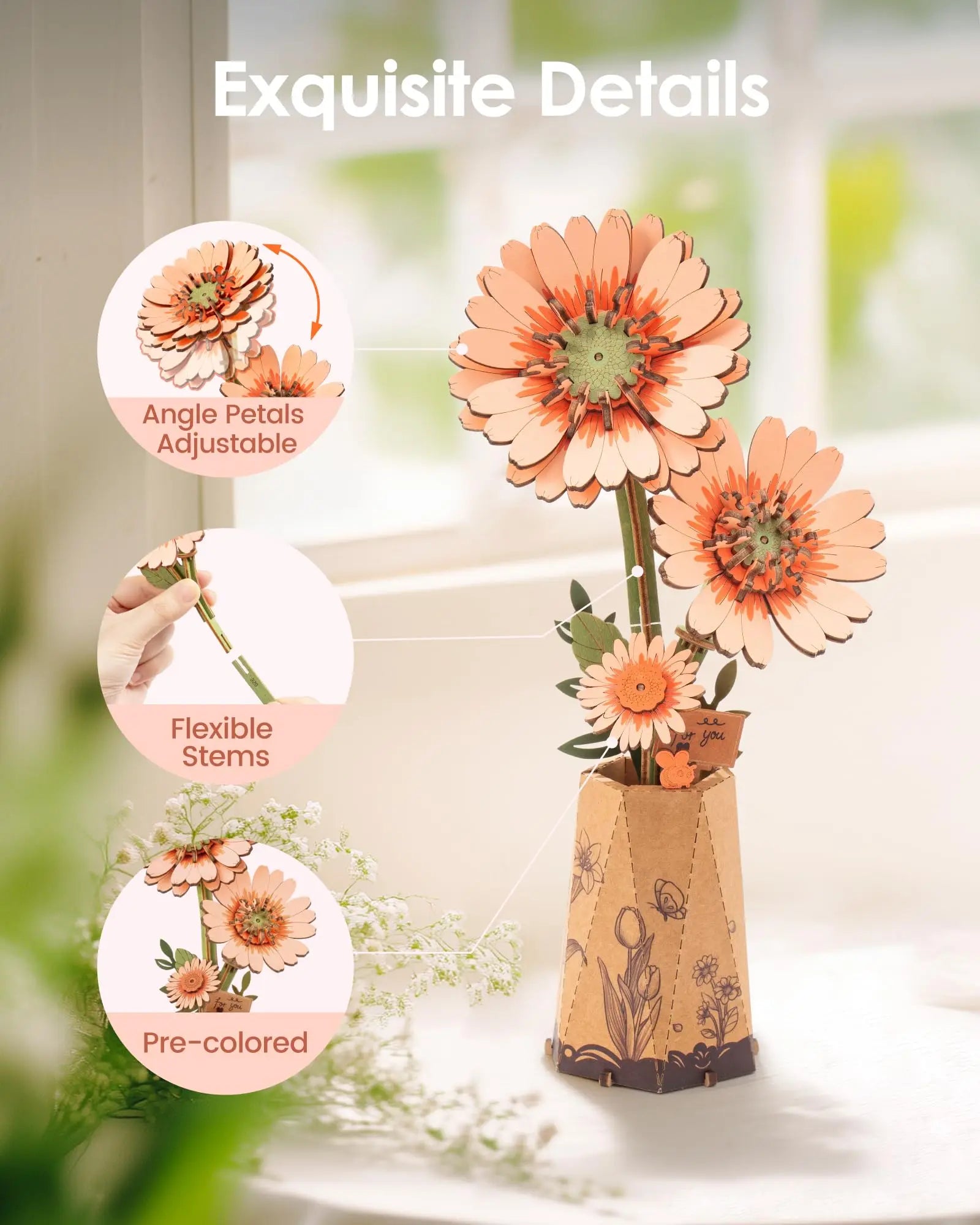 3D Houten Puzzel Doe-Het-Zelf – Creatieve Bloemen Bouwset voor Vrouwen – Kerstcadeau & Decoratie