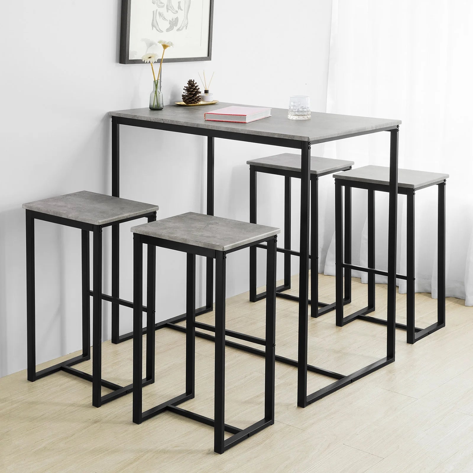 Eettafel met 4 barkrukken set – ruimtebesparende hoge keukentafel met stoelen voor kleine ruimtes