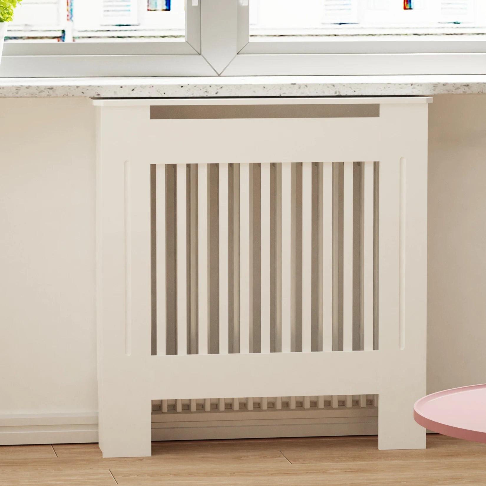 Moderne Radiator Cover Hoog – MDF Radiator Ombouw met Verticale Lamellen | Witte Radiator Kast met Plank