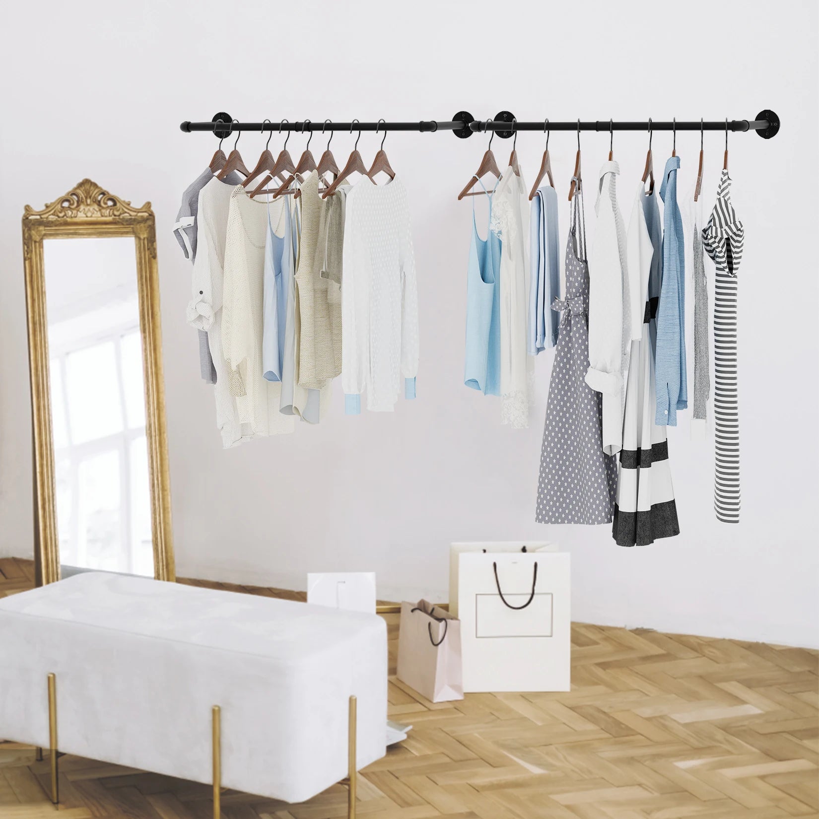 Industriële Wand Kledingrek Set van 2 – Metalen Pijp Kledingstang Zwart – Wandmontage Organizer