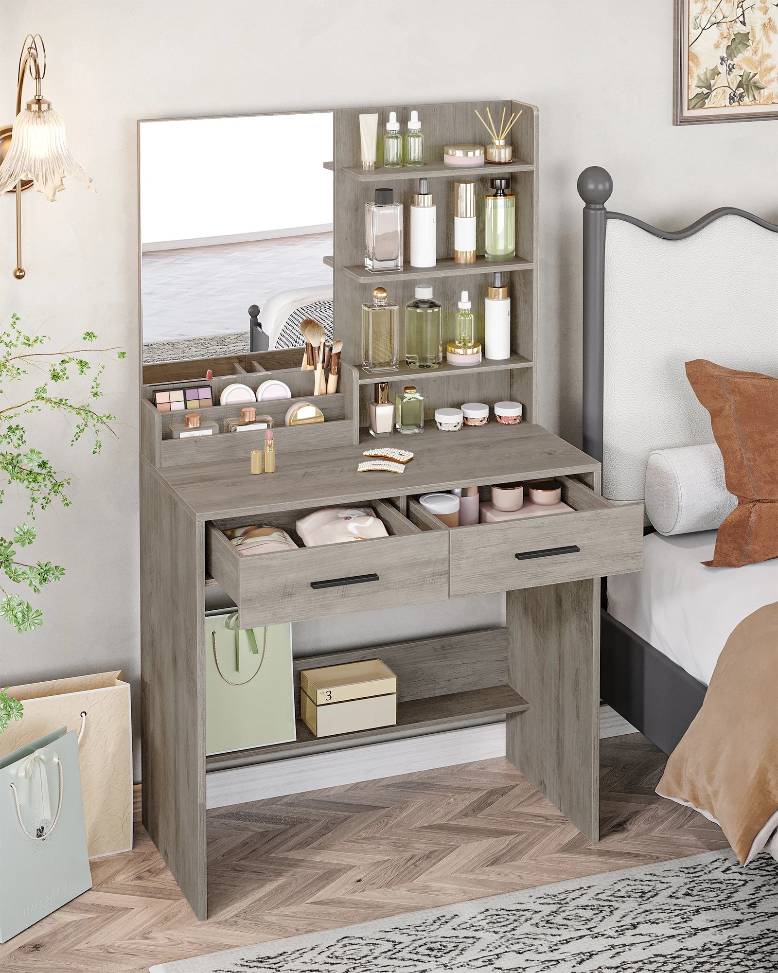 Kaptafel met Spiegel en Lades – Witte Make-up Tafel met Opbergruimte, 4 Open Planken & 2 Lades – Moderne Vanity Tafel Slaapkamer