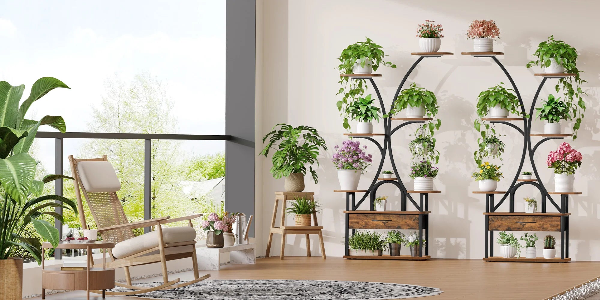 9-Laags Plantenrek met Groeilamp – Verticale Plantenstandaard met LED Verlichting en Timer – Industrieel Bloemenrek voor Binnen & Balkon