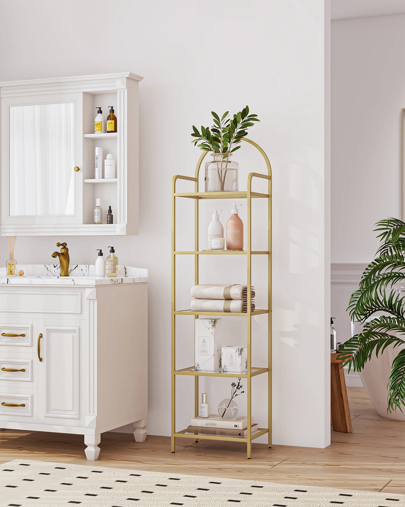 Smalle Boekenkast met Glazen Planken en Goud Stalen Frame – Moderne Open Kast 5 Niveaus voor Woonkamer, Slaapkamer en Badkamer