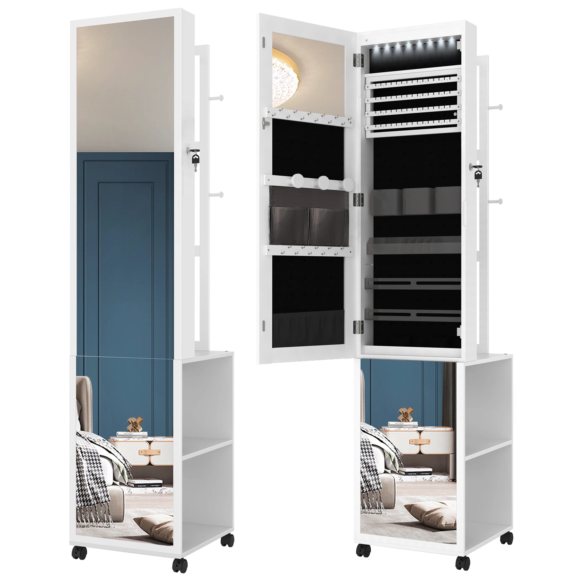 Sieradenkast met Spiegel en LED Verlichting – Staande Sieraden Organizer met Kledingrek, Opbergrek en Wielen