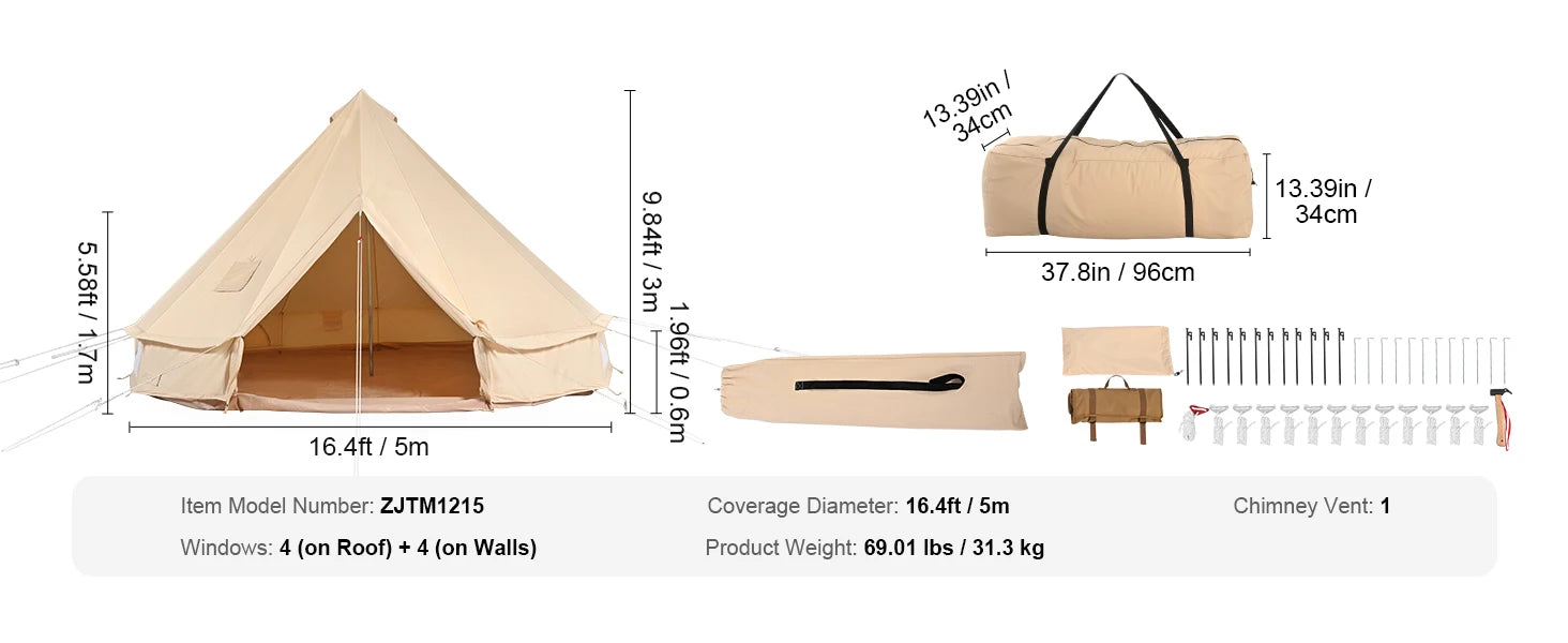Canvas Bell Tent 5m – 4 Seizoenen Yurt Tent voor 8 Personen met Kachelaansluiting & Waterdicht Grondzeil