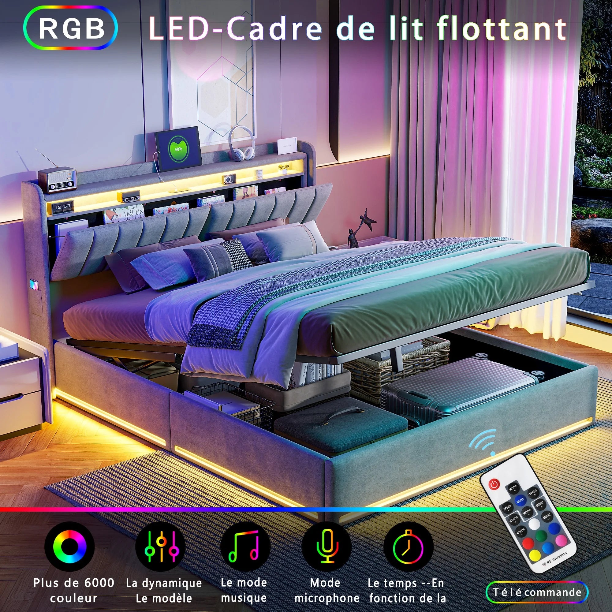 Tweepersoonsbed met geïntegreerde LED‑verlichting, USB‑oplaadfuncties en opbergruimte – Modern en functioneel bedframe