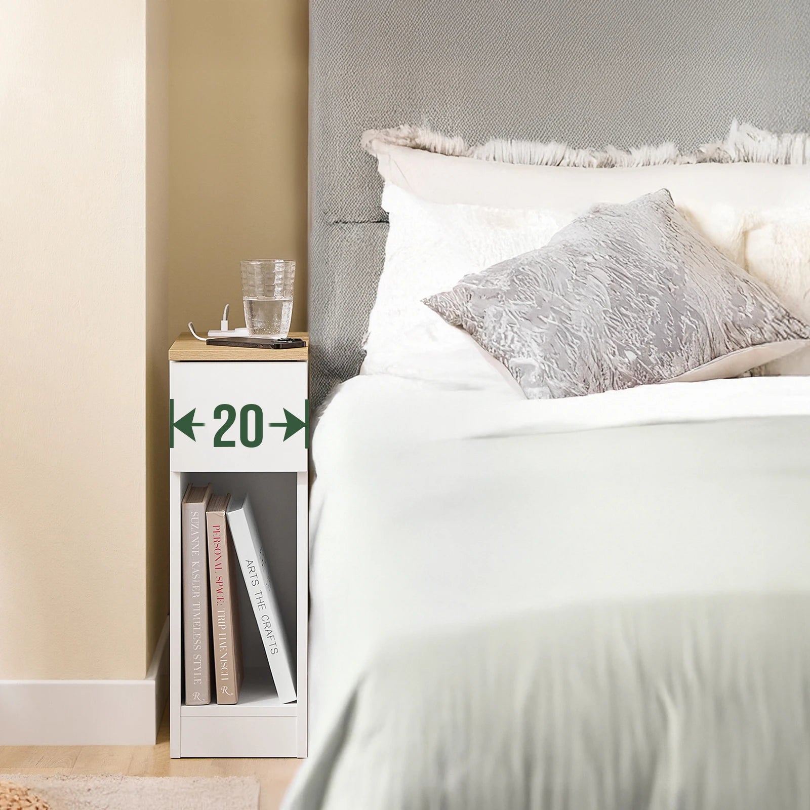 Modern smal nachtkastje met lade en opbergruimte – strak wit design