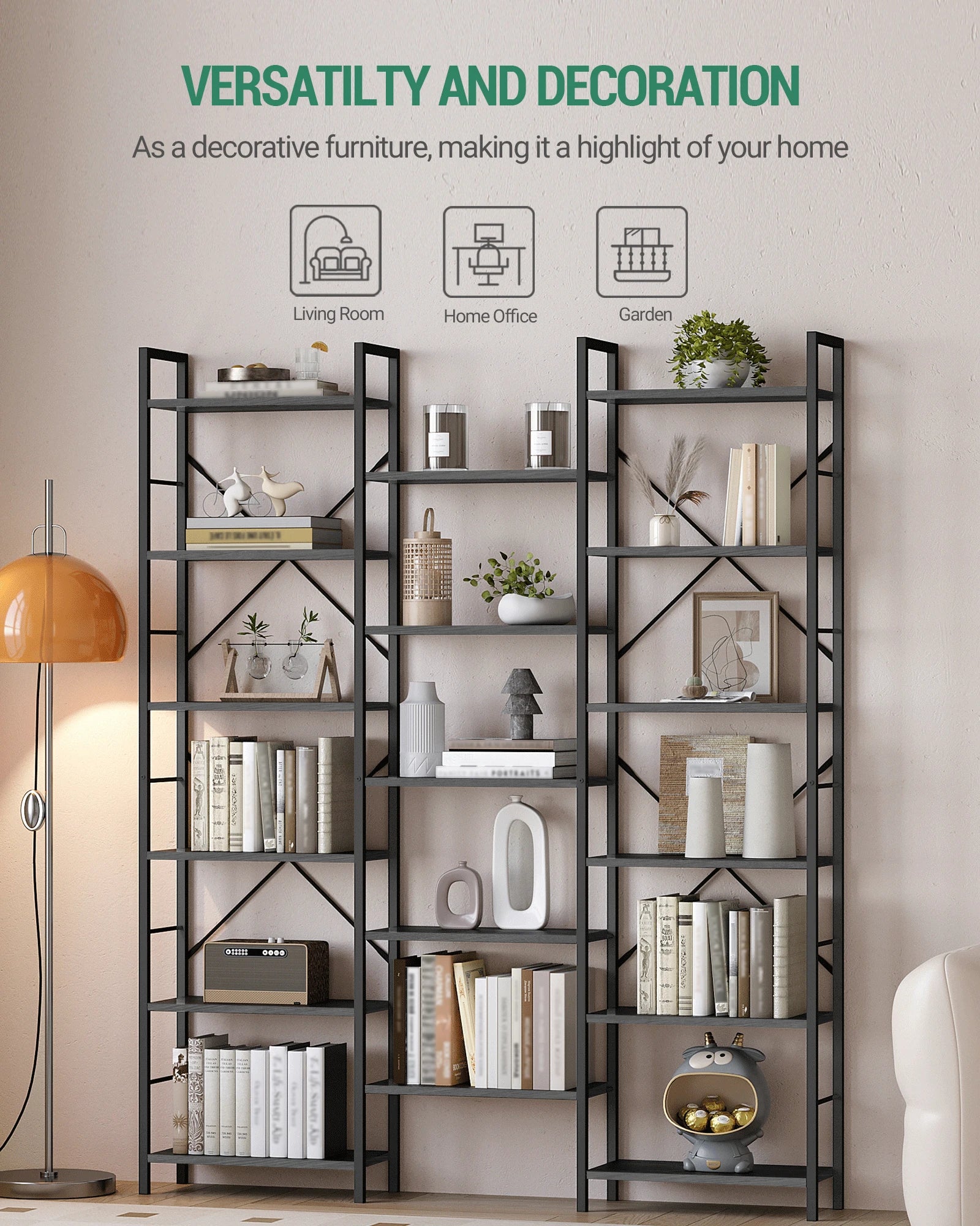 Industriële Boekenkast met 17 Planken – Grote Open Kast met Metalen Frame en Verstelbare Planken voor Woonkamer & Slaapkamer