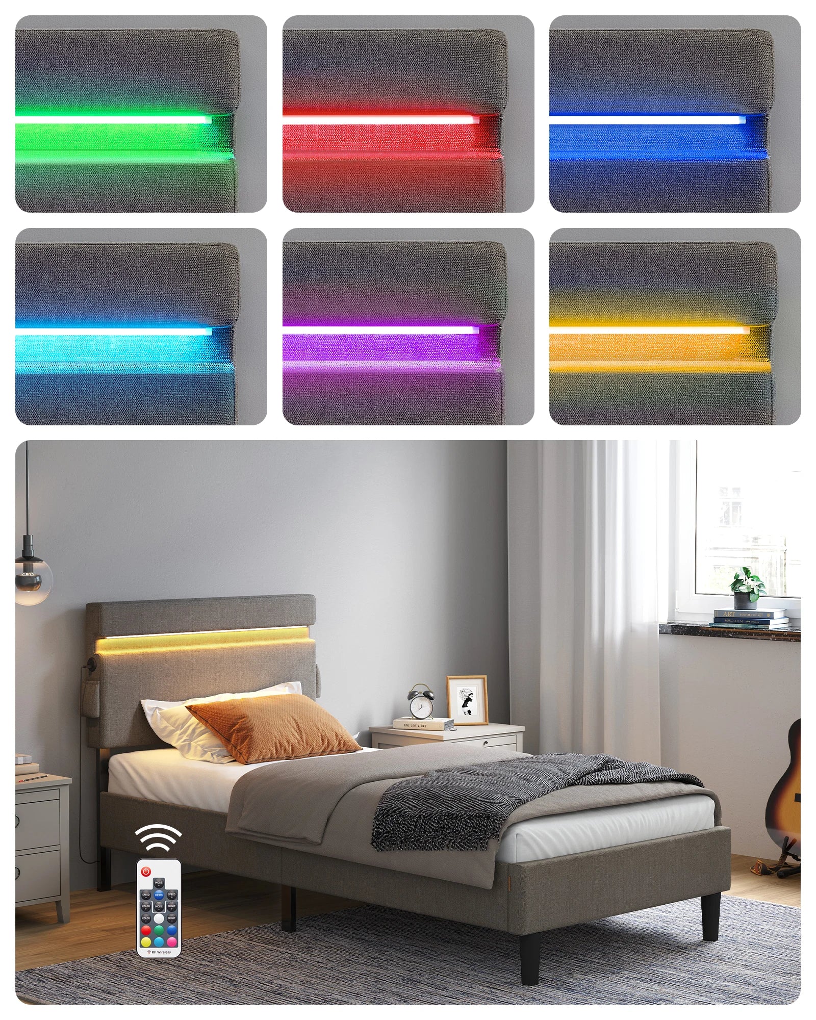 Gestoffeerd Bed met LED Verlichting – USB & Type-C Oplaadpoort, Modern Design met Opbergruimte