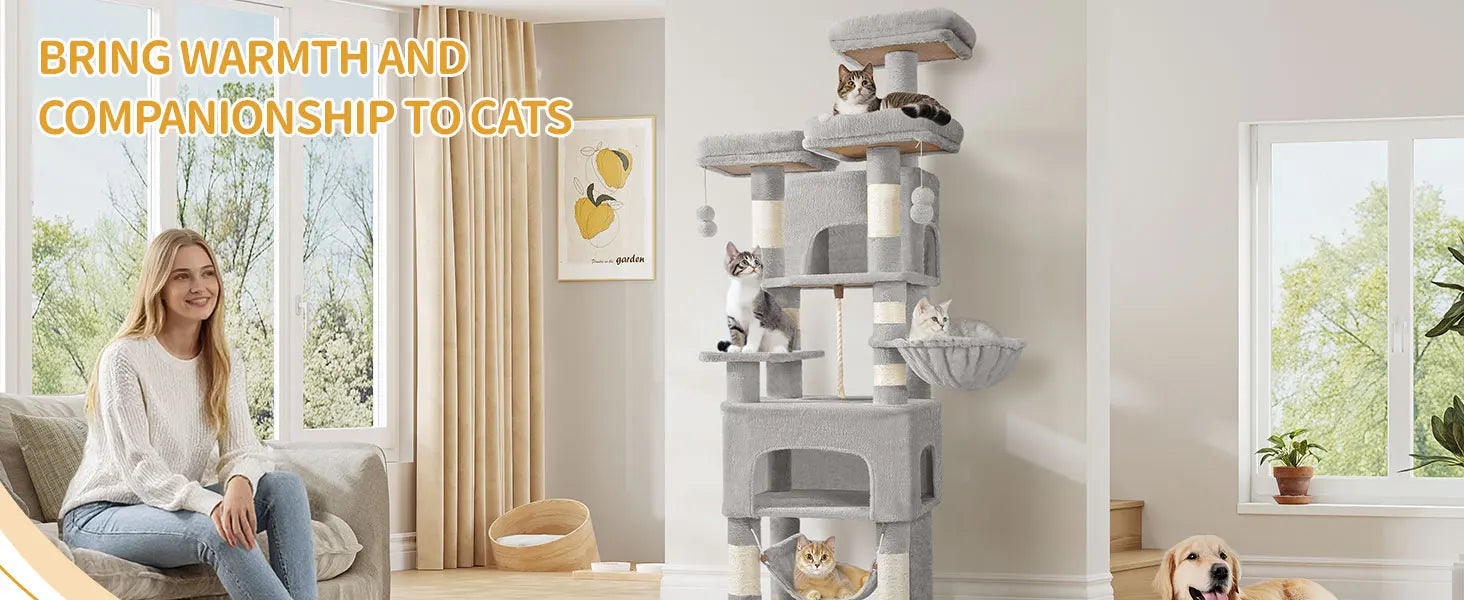 XL Kattenboom 176 cm – Krabpaal met 3 Plateaus, 2 Huisjes & Hangmat – Stevige Kattenkrabpaal voor Meerdere Katten