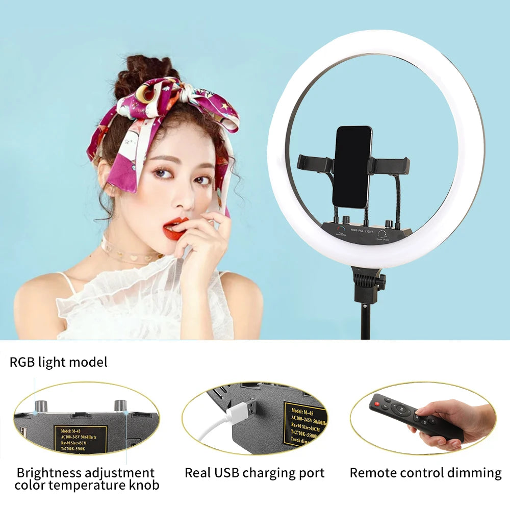 Dimbare 18 Inch RGB Selfie Ringlamp met Tripod en Telefoonhouder – Make-up, YouTube en Fotografie Studio Verlichting