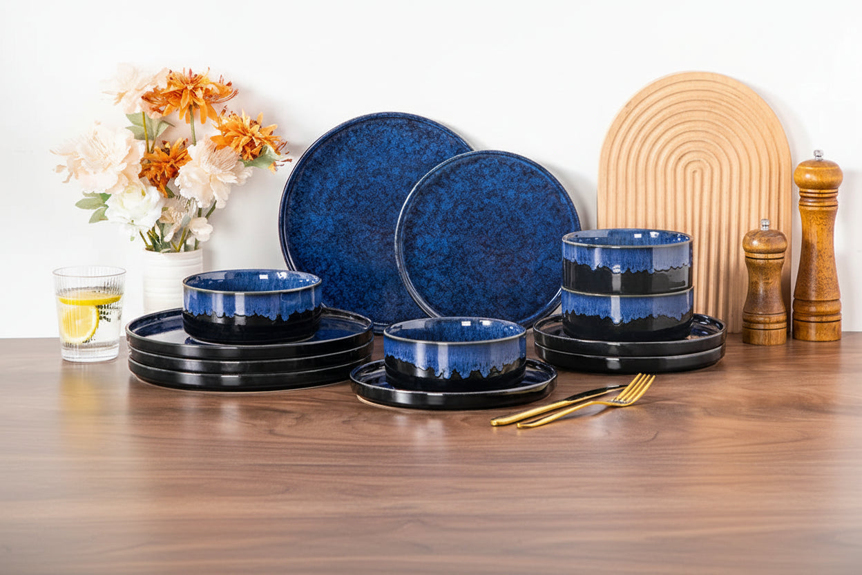 Keramische Diner Set 12/24/36 Delig – Zwart Blauw Servies met Reactief Glazuur – Moderne Borden en Kommen Set