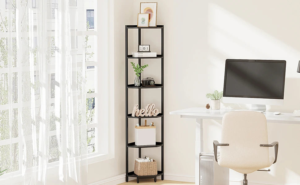 Hoekrek met 6 Planken – Open Boekenplank en Opslagrek voor Woonkamer en Kantoor
