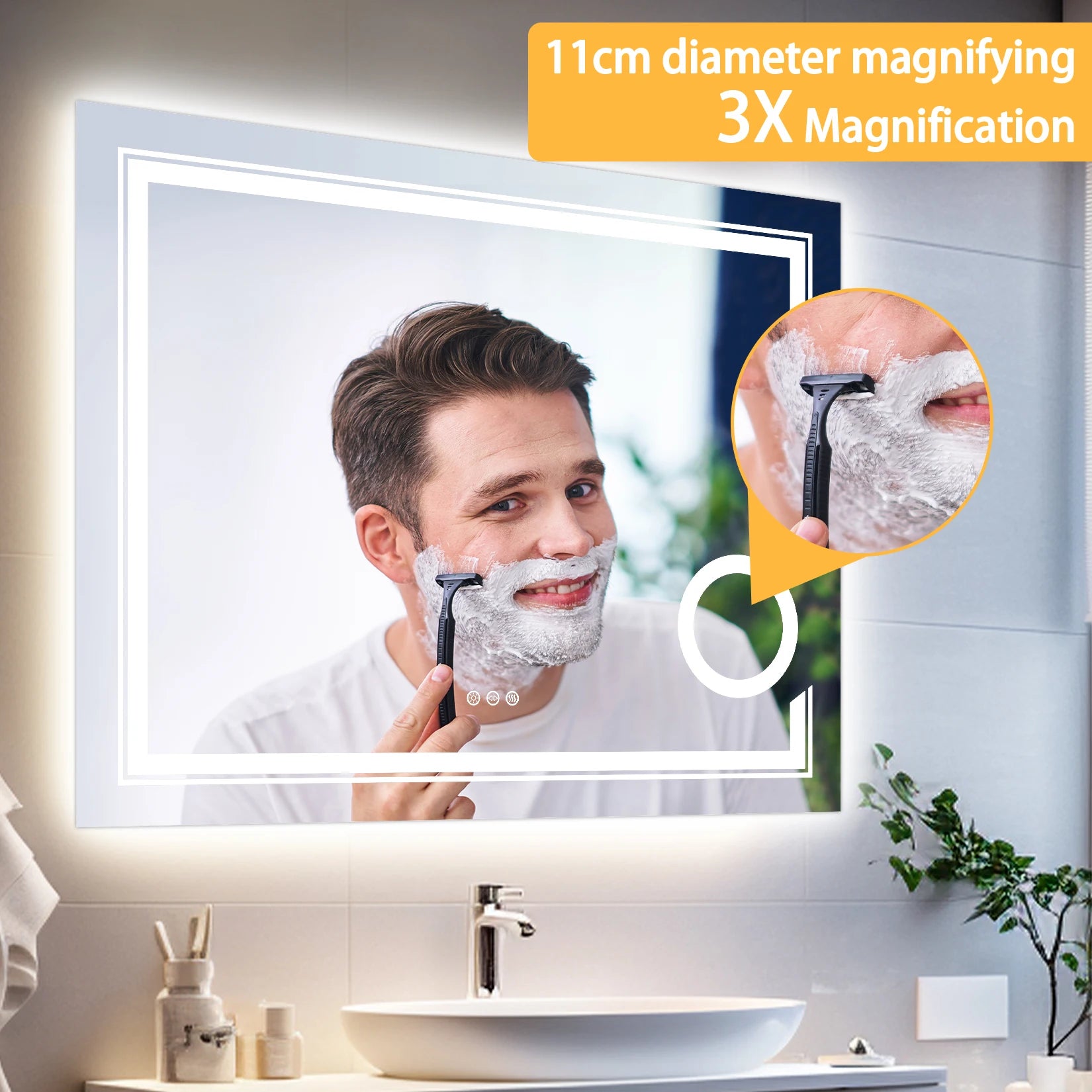 Moderne LED Badkamerspiegel 60×45 cm – Dimbare Verlichting, Anti-Condens & Touch Bediening – Wandspiegel met Verlichting en 3x Vergrootglas