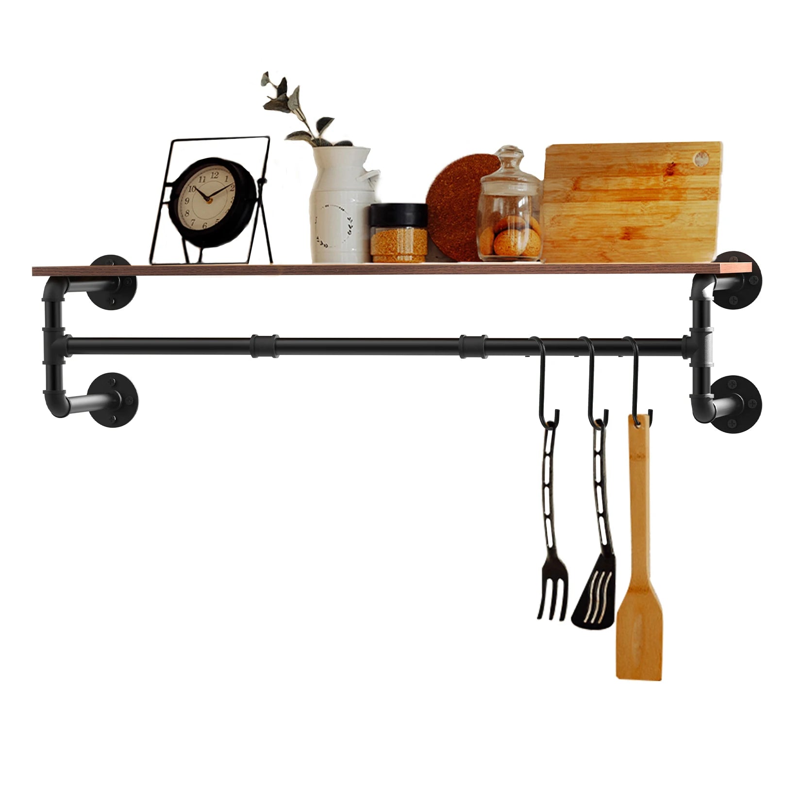 Industrieel Kledingrek Wand met Houten Plank – Metalen Pipe Wandrek met Opbergplank en Haken