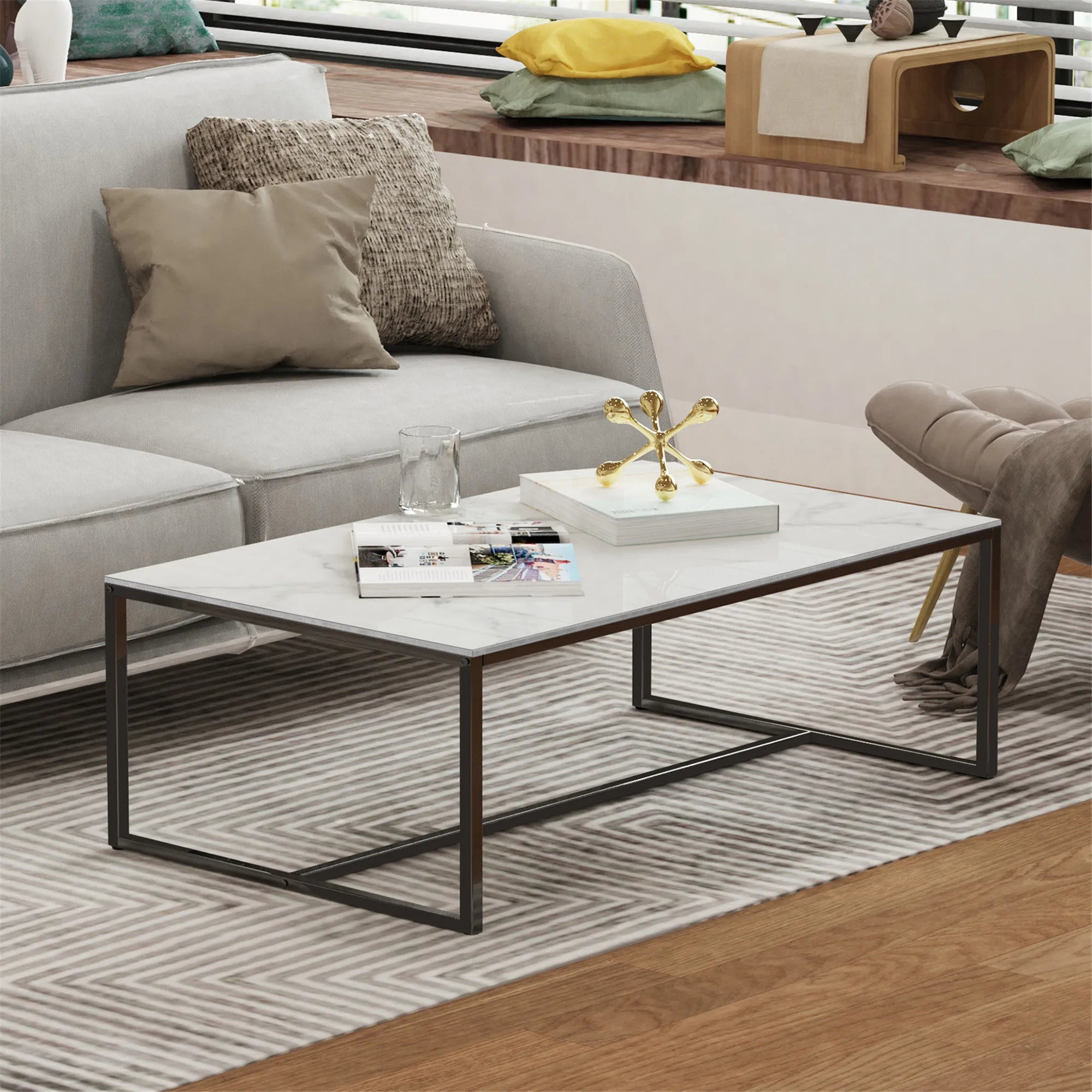 Salontafel van Gesinterd Steen – Moderne Rechthoekige Tafel met Zwart Metalen Frame – Grijs Tafelblad – Luxe & Duurzaam Design