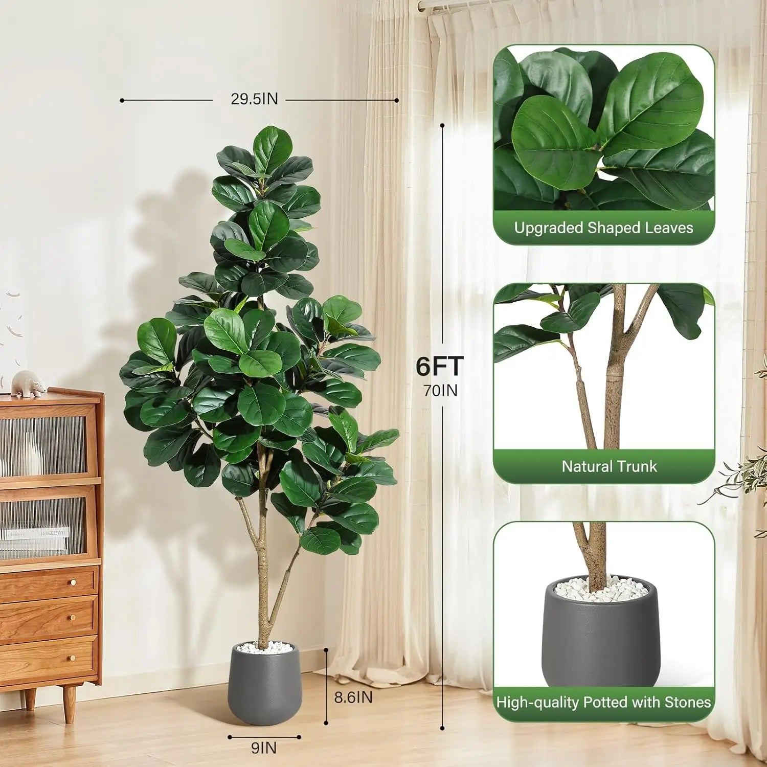 Kunstmatige Ficus Lyrata (Vioolbladplant) 120–210 cm met Witte Pot – Realistische Nep Plant voor Woonkamer & Kantoor