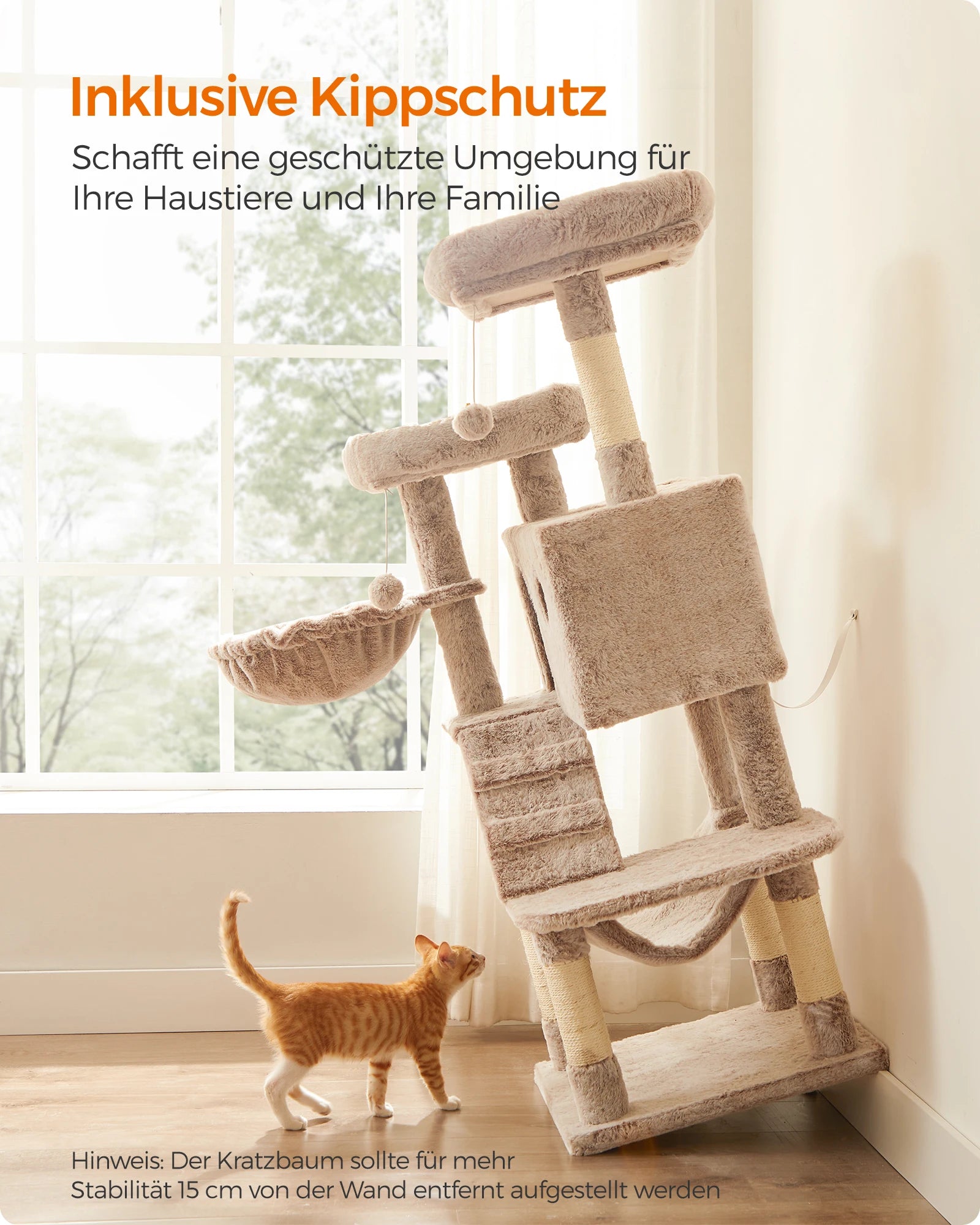 Grote Krabpaal voor Katten 135 cm – Luxe Kattenboom met Zachte Pluche, Hangmat en Huisje – Stevig en Stabiel Design