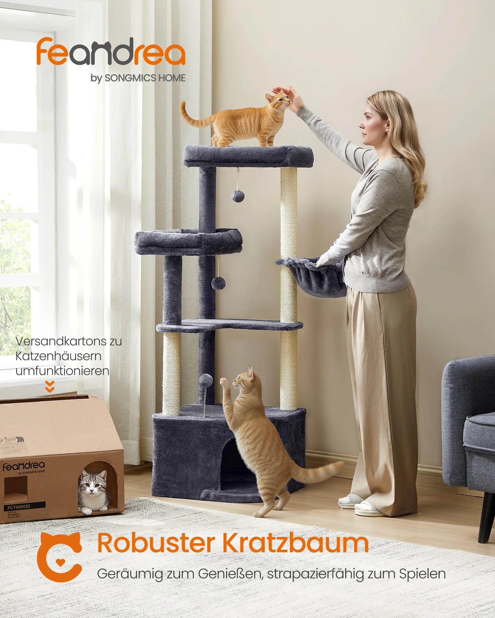 Krabpaal Hoekmodel 140 cm – Grote Kattenboom met Huisje, Mand & Platforms – Stabiele Krabtoren voor Grote Katten