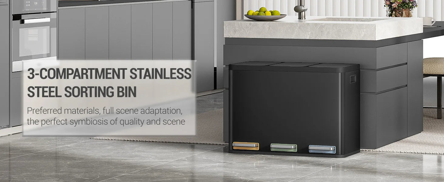 Moderne Keuken Prullenbak 45L – 3 Compartimenten Afvalscheiding – RVS Pedal Bin voor Keuken en Kantoor