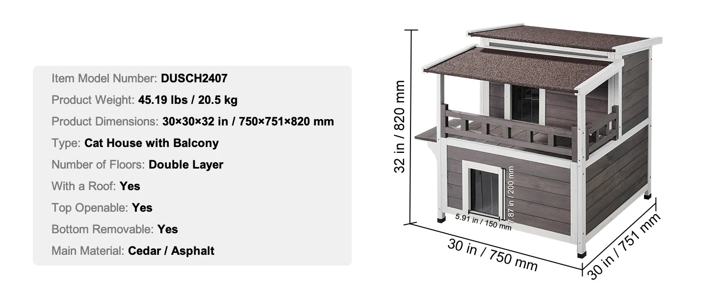 Buiten Kattenhuis Hout 2 Verdiepingen – Weerbestendig Kattenverblijf met Balkon en Dak – Luxe Kattenhuis voor Buiten