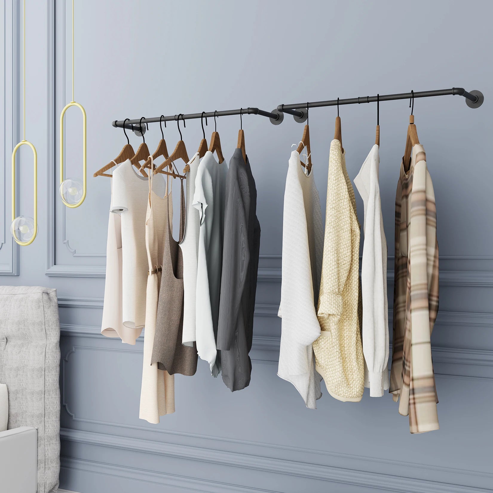 Industriële Wand Kledingrek Set van 2 – Metalen Pijp Kledingstang Zwart – Wandmontage Organizer