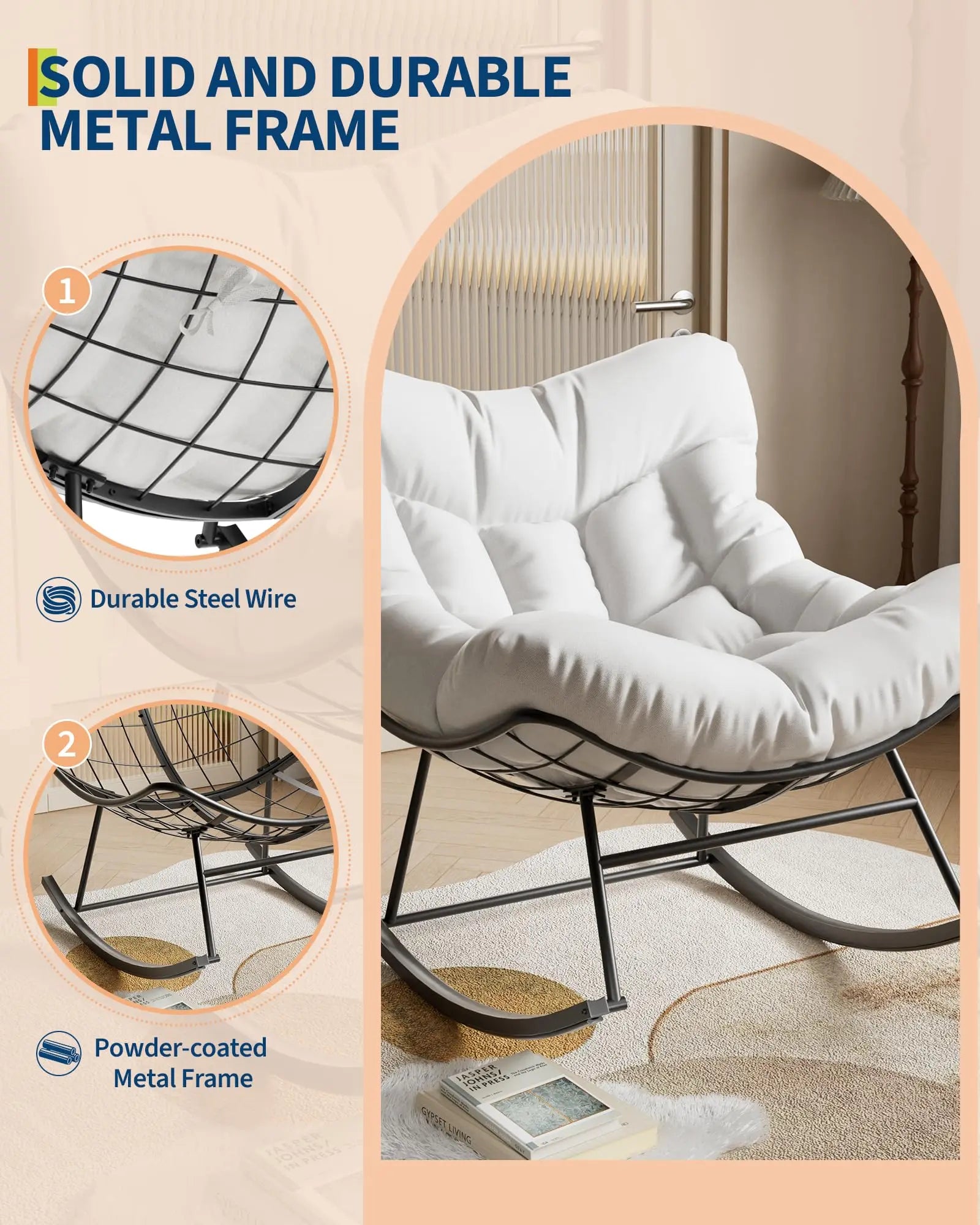 Papasan Schommelstoel voor Buiten met Kussen – Grote Rotan Loungestoel met Metalen Frame voor Tuin, Balkon & Veranda
