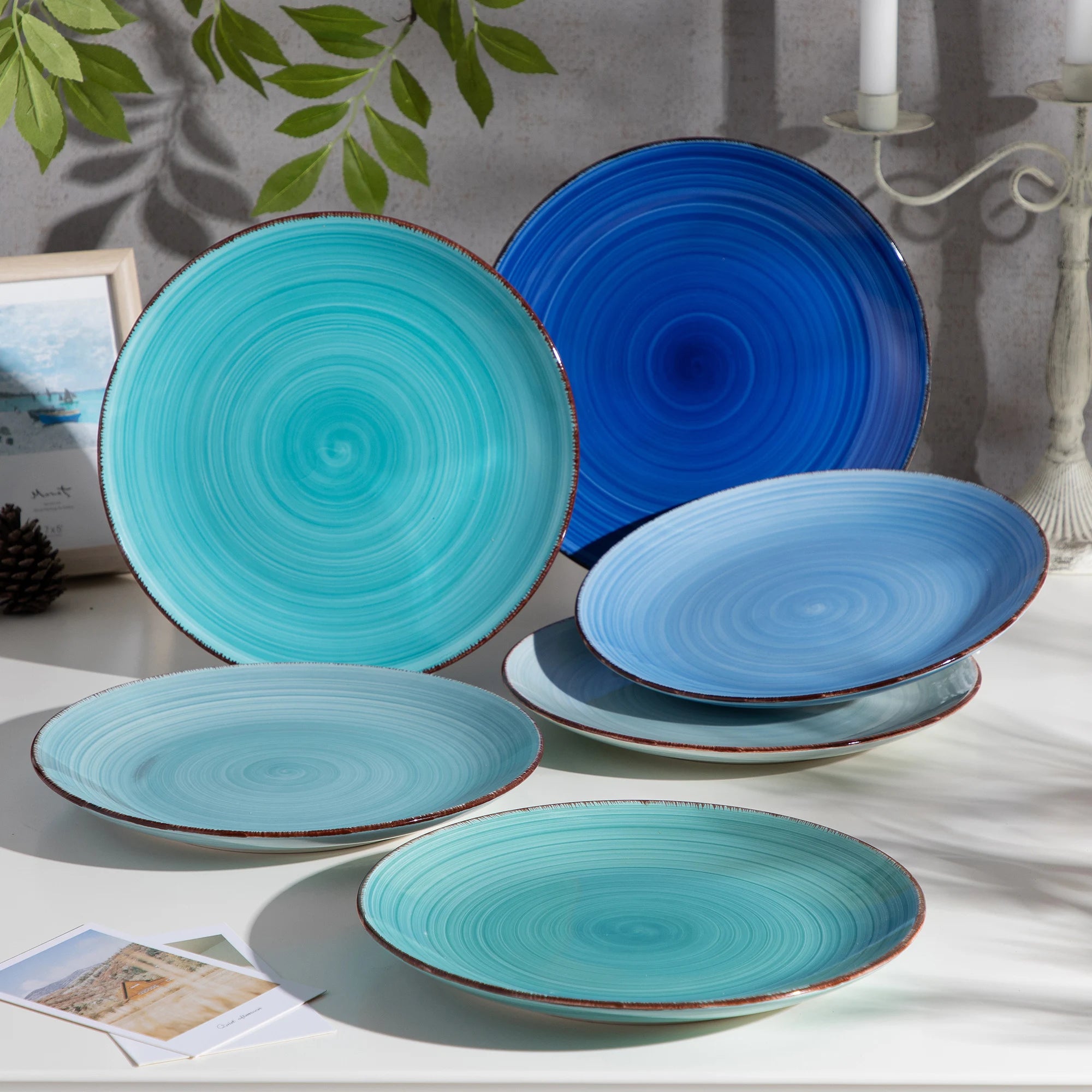 Dinerbord Set 6 Stuks 26,5 cm – Handgeschilderd Keramiek Servies – Rustieke Blauwe Borden