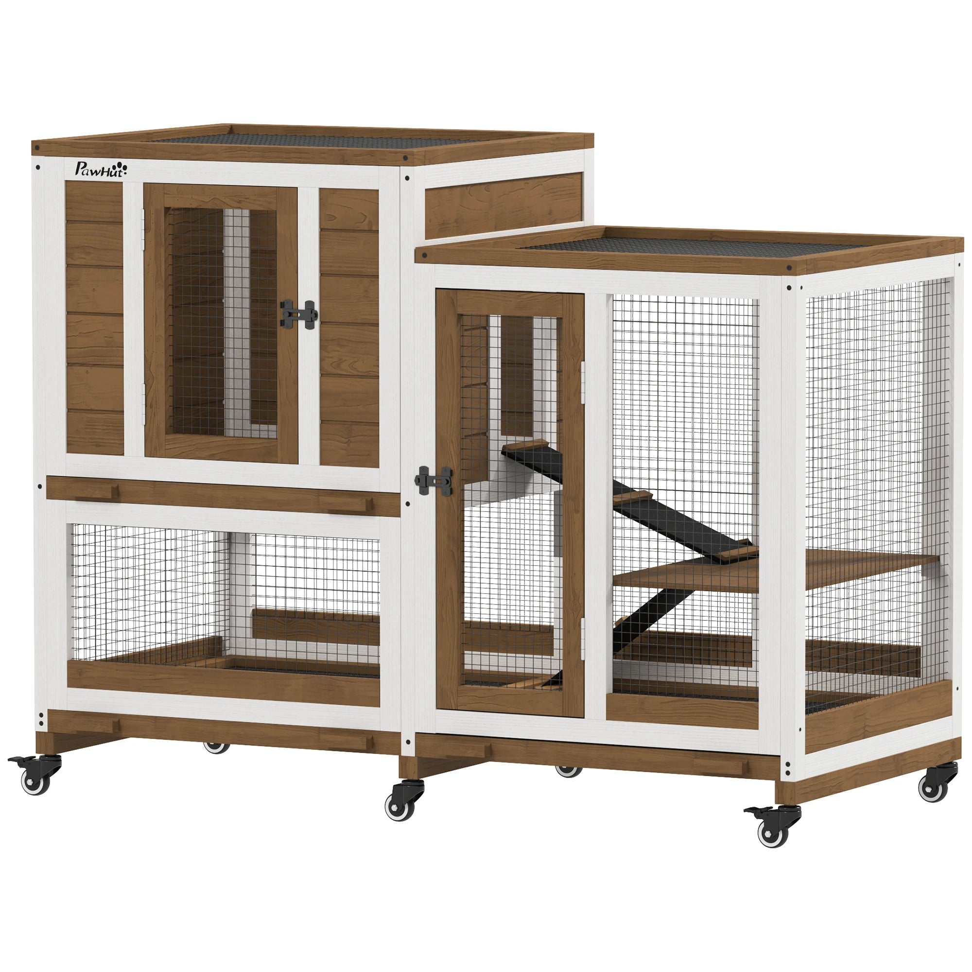 Houten Konijnenhok Binnen met Wielen 110x50x86 cm – Ruim Dierenverblijf met Lade & Helling voor Konijnen en Knaagdieren