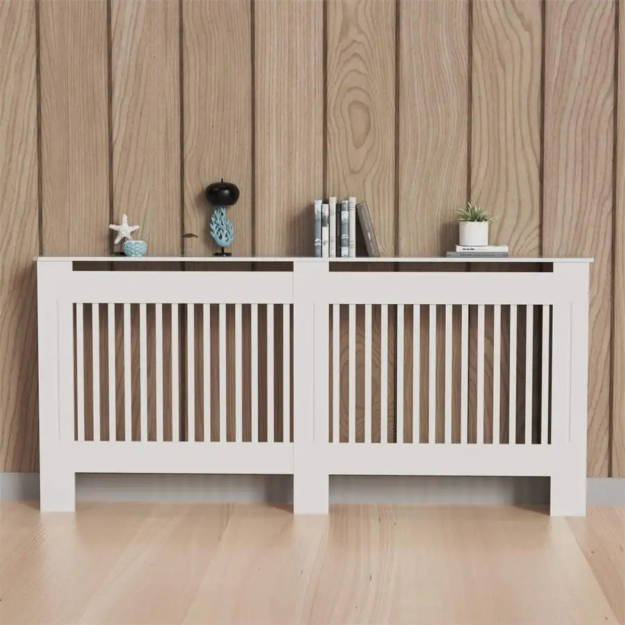 Moderne Radiator Cover Hoog – MDF Radiator Ombouw met Verticale Lamellen | Witte Radiator Kast met Plank