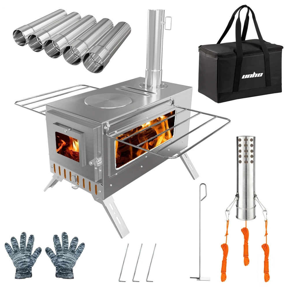 Draagbare RVS Camping Houtkachel met Schoorsteen – Tentkachel voor Kamperen, Backpacken & Outdoor Koken