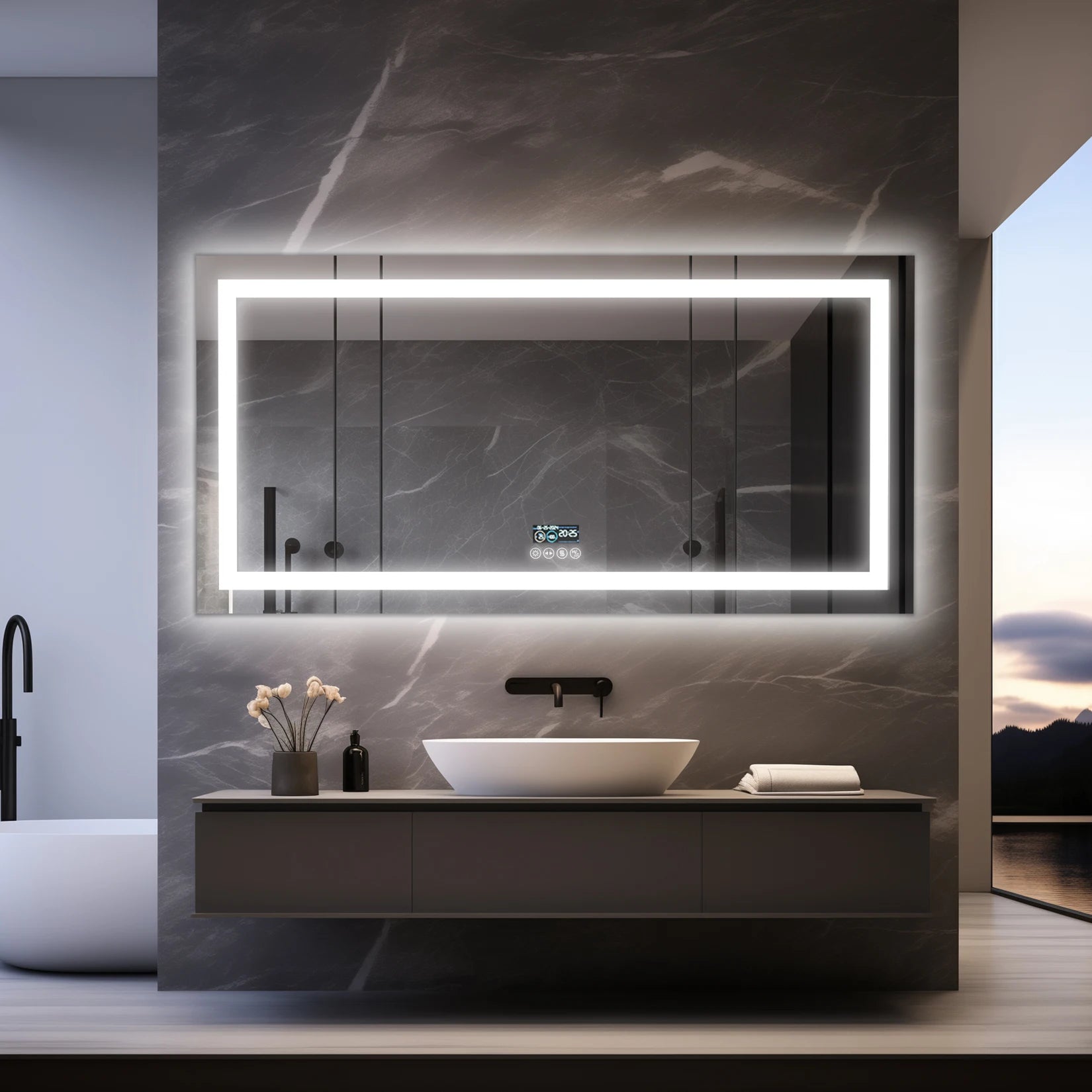 LED Badkamerspiegel met Bluetooth Speaker, Dimbare Verlichting, Anti-Condens & Display – Moderne Badkamerspiegel met Verlichting