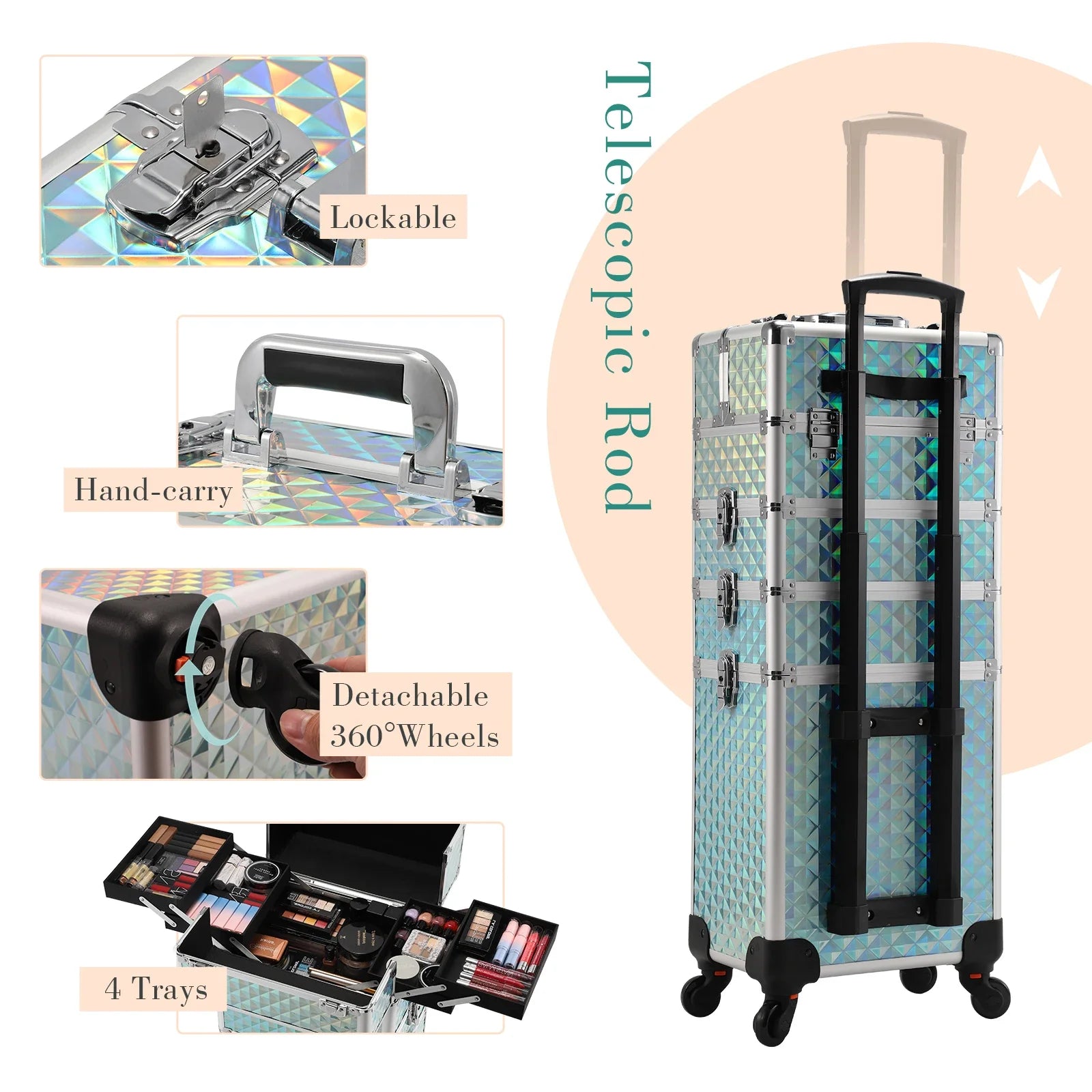 Professionele Make-up Trolley Koffer 4-in-1 – Aluminium Opbergkoffer met Wieltjes en Afneembare Compartimenten – Voor Cosmetica, Nageltools en Reis