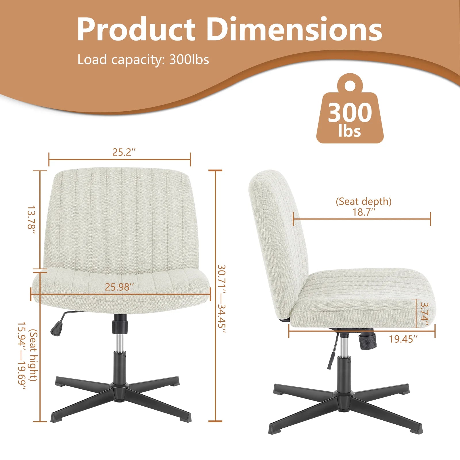 Brede verstelbare armloze draaistoel voor kantoor, woonkamer, gaming & bureau – comfortabele stof – 360° swivel