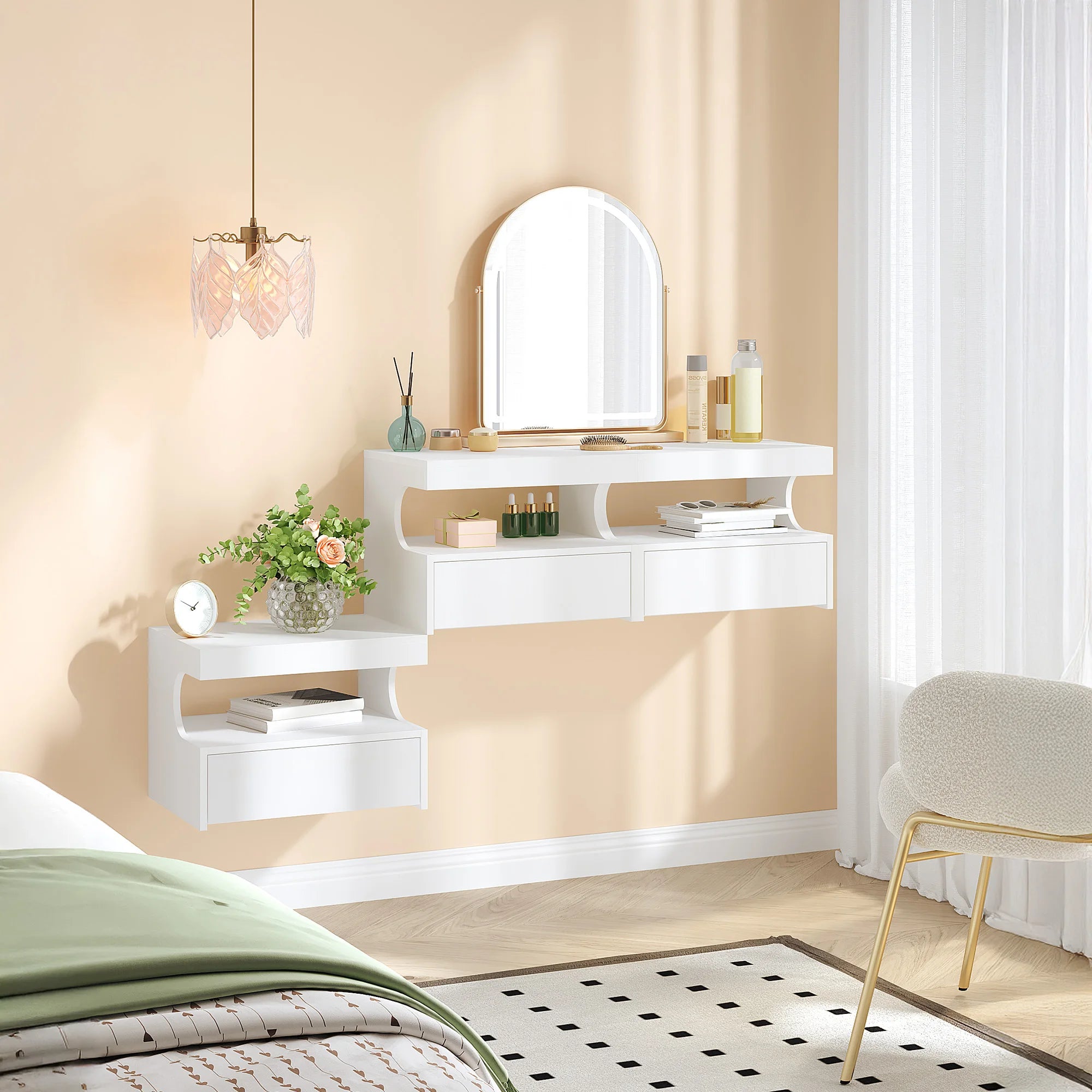 Zwevend Nachtkastje met Lade – Wandplank Bedside Table met Opbergruimte – Modern Minimalistisch Wit Design