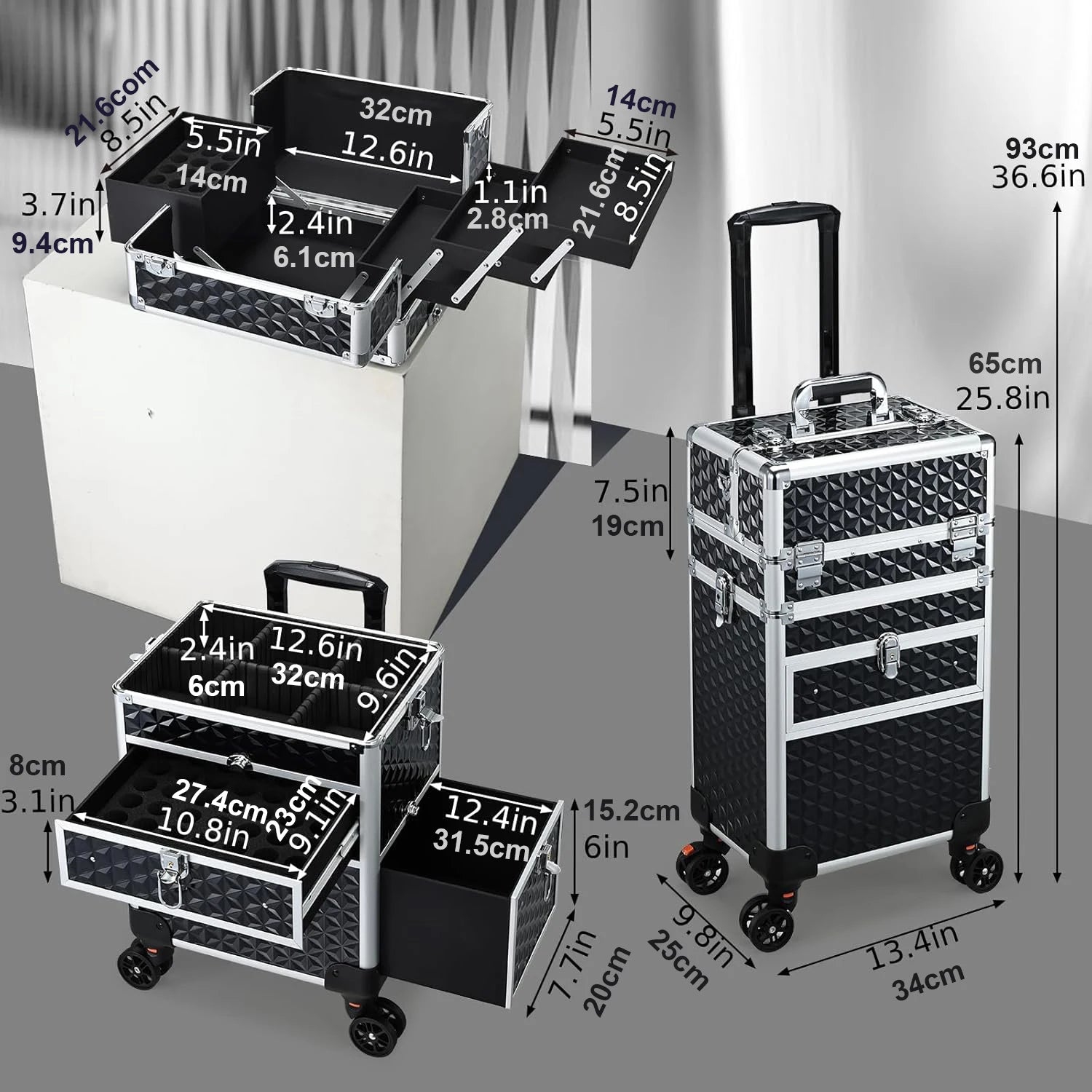 Professionele Rollende Make-up Koffer met Wielen en Laden – Grote Train Case voor Cosmetica – Reiskoffer voor Schoonheidsspecialisten