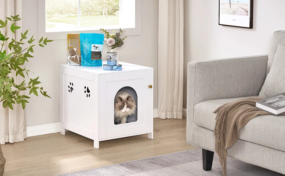 Verborgen kattenbakmeubel – Luxe houten kattenhuis met zijtafelfunctie