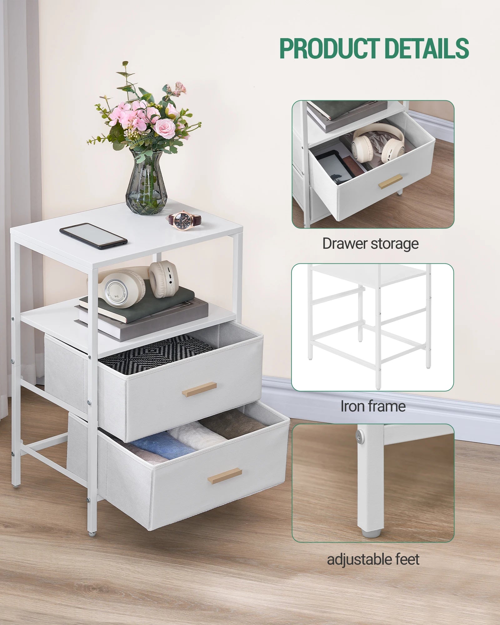 Bedside Table set van 2 – Moderne Nachtkastjes met 2 Laden en Open Vak – Wit