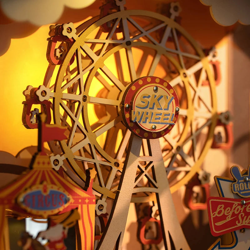 3D Houten Muziekdoos Reuzenrad met Licht – Sunset Carnival Nachtlampje en Decoratie – USB Oplaadbaar voor Woonkamer en Slaapkamer